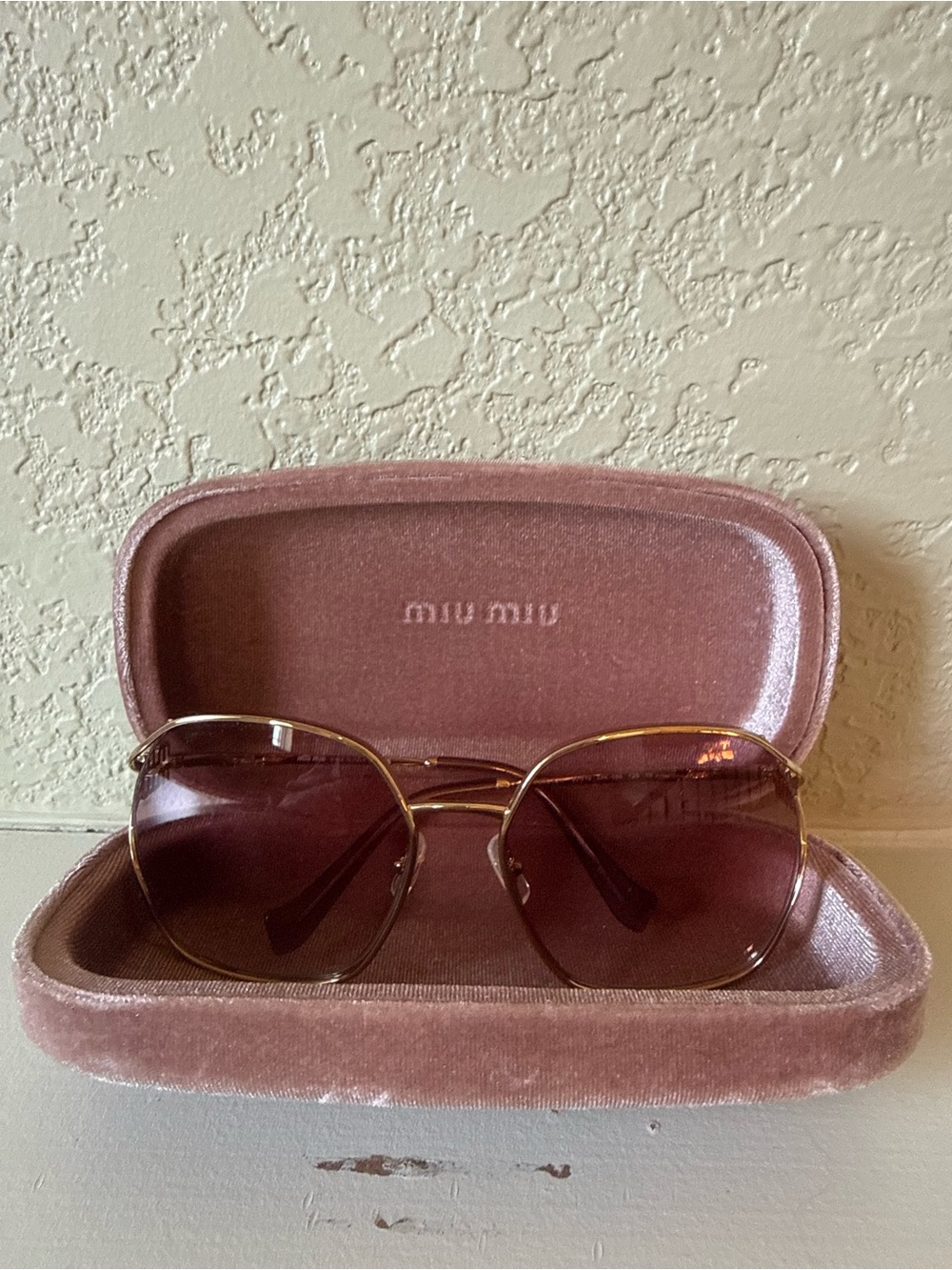 Miu Miu Gold Frame Sunglasses with Pink Gradient Lenses and Pink Velvet Case